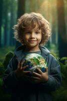 ai generato contento ragazzo abbracciare pianeta terra. ragazzo Abbracciare una persona globo terra per mondo protezione, terra giorno, mondo ambiente giorno, Salva th mondo. zero carbonio biossido emissioni foto