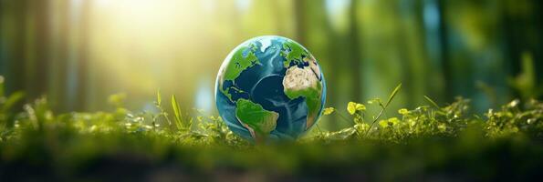 ai generato eco amichevole terra su verde natura bokeh sfondo. pianeta globo terra per natura protezione, terra giorno, mondo ambiente giorno, Salva th mondo. zero carbonio biossido emissioni foto