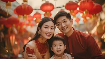 ai generato contento asiatico famiglia festeggiare Cinese nuovo anno all'aperto foto