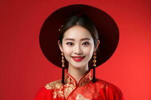 ai generato contento giovane asiatico donna indossare tradizionale Cinese costume su studio sfondo, contento Cinese nuovo anno foto