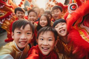 ai generato contento asiatico bambini festeggiare Cinese nuovo anno all'aperto foto