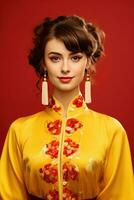ai generato studio ritratto di contento giovane europeo donna indossare tradizionale Cinese costume su rosso sfondo. contento Cinese nuovo anno foto