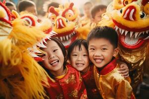 ai generato contento asiatico bambini festeggiare Cinese nuovo anno all'aperto foto