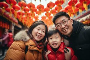 ai generato contento asiatico famiglia festeggiare Cinese nuovo anno all'aperto foto