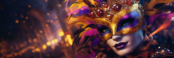 ai generato donna festeggiare carnevale festa. femmina con carnevale maschera nel costume, carnevale Festival foto