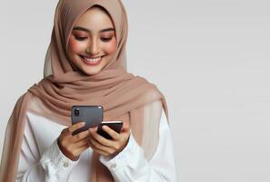 ai generato asiatico musulmano donna nel hijab con mano Tenere inteligente Telefono isolato bianca sfondo foto