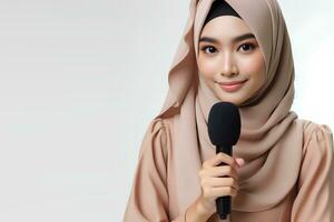 ai generato un asiatico femmina presentatore nel un' hijab detiene un' mic su un' bianca sfondo foto