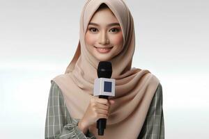 ai generato un asiatico femmina presentatore nel un' hijab detiene un' mic su un' bianca sfondo foto