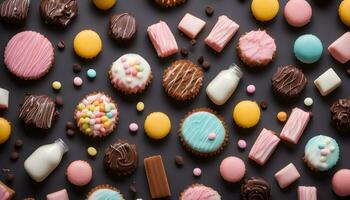 ai generato molti diverso colorato biscotti e caramelle su un' buio sfondo foto