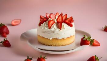 ai generato un' piccolo torta con frustato crema e fragole foto