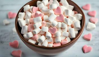 ai generato un' ciotola pieno con marshmallows e rosa cuori foto