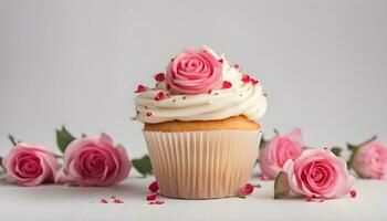 ai generato Cupcake con rosa Rose su bianca sfondo foto