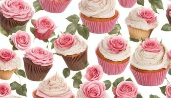 ai generato cupcakes con rosa Rose su un' bianca sfondo foto