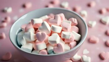 ai generato un' ciotola di marshmallows su un' rosa sfondo foto