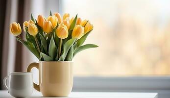 ai generato piatto posare caffè tazza con tulipano fiore sfondo foto