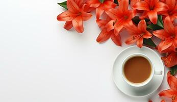 ai generato piatto posare caffè tazza con tulipano fiore sfondo foto
