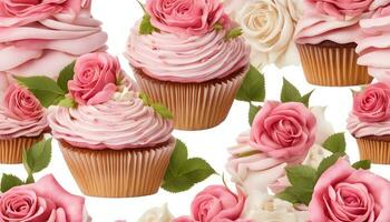 ai generato cupcakes con rosa Rose e le foglie su un' bianca sfondo foto