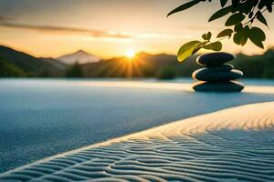 zen giardino, giapponese calcolo, tramonto, zen giardino azione fotografie e immagini. ai-generato