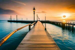 un' di legno molo con un' tramonto al di sopra di esso. ai-generato foto