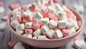 ai generato un' ciotola di marshmallows con cuori su superiore foto