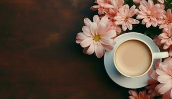ai generato tazza di piatto posare caffè su il tavolo con tulipano sfondo foto