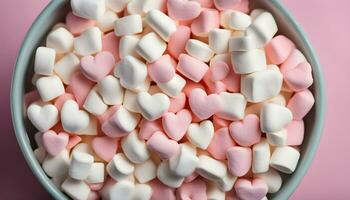 ai generato un' ciotola di marshmallows con cuori su superiore foto