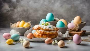 ai generato Pasqua uova e un' torta con glassatura su un' tavolo foto