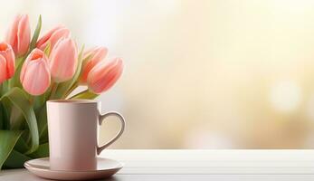 ai generato piatto posare caffè tazza con tulipano fiore sfondo foto