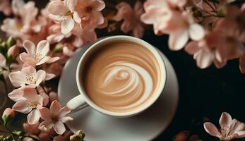 ai generato tazza di piatto posare caffè su il tavolo con tulipano sfondo foto