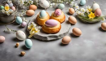 ai generato Pasqua uova e fiori su un' tavolo foto