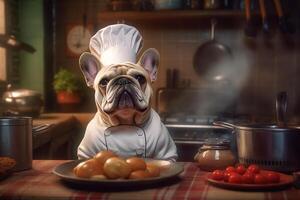 divertente Immagine di un' francese bulldog nel un' capocuoco costume, in mostra culinario umorismo nel il cucina ambientazione. copia spazio Perfetto per legati al cibo progetti e a tema intrattenimento disegni, ai generativo foto