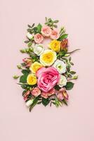 marzo 8 ° concetto. numero 8 creativo disposizione fatto di colorato rosa fiori su rosa sfondo. saluto carta Da donna giorno su marzo 8 ° foto