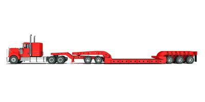 rosso pesante camion con lowboy trailer 3d interpretazione su bianca sfondo foto