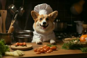 ai generato adorabile capocuoco corgi Aggiunge un' giocoso toccare per il arte di cucinando foto