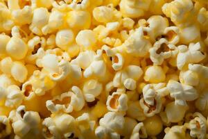 ai generato popppabile diletto un' sfondo ornato con Popcorn noccioli trasuda un' giocoso e invitante vibrazione foto