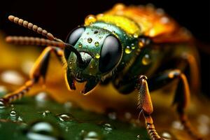 ai generato nature dettagli rivelato macro insetto ritratto su un' lussureggiante foglia foto