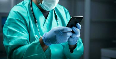 ai generato digitale connessione un' medici mano nel guanti abilmente opera un' smartphone foto