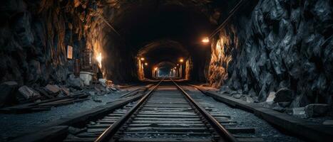 ai generato tramonto illuminante un' Ferrovia tunnel. ai generativo. foto