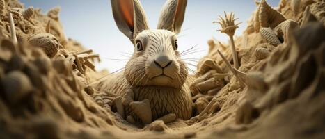 ai generato affascinante sabbia scultura di un' coniglio, impostato contro un' tranquillo sabbioso sfondo. ai generativo. foto