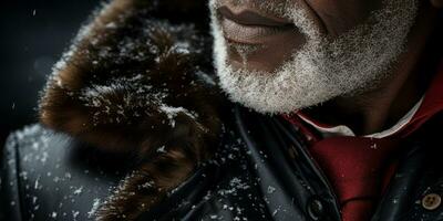 ai generato nero anziano uomo con un' bianca barba nel inverno cappotto. ai generativo. foto