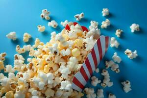 ai generato blu diletto Popcorn disposte ad arte contro un' vivace blu sfondo foto