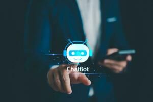 Chiacchierare ai concetto, artificiale intelligenza, chatbot, attività commerciale uso tecnologia inteligente robot ai accedere comando richiesta per creare, futuristico tecnologia trasformazione, ai servizio Aiuto cliente, assistente. foto