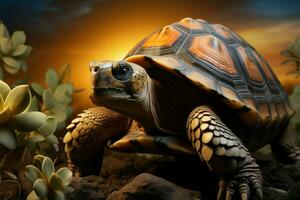 ai generato terrestre eleganza un' tartarughe dettagliato ritratto contro il naturale terra foto