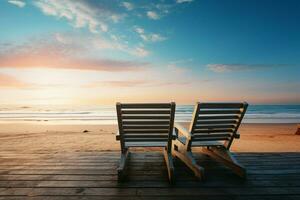 ai generato mare serenità panchina su spiaggia a d'oro tramonto, tranquillo bellezza foto