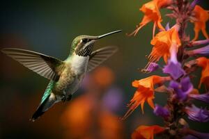 ai generato vivace eleganza un' colibrì catturato nel un' ritratto con fiori foto