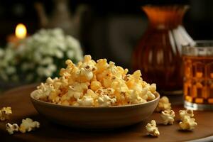 ai generato tavolo ambientazione migliorata di il presenza di delizioso Popcorn foto