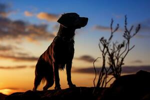 ai generato un' canino silhouette contro il ambientazione sole crea un' pittoresco scena foto