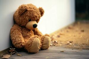ai generato emotivo solitudine Childs orsacchiotto orso solo, guardare triste e deluso foto
