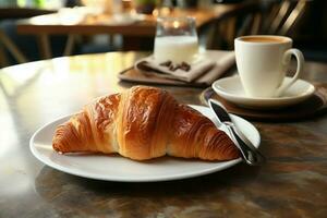 ai generato mattina indulgenza brioche accoppiato con aromatico caffè su un' tavolo foto