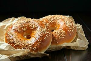 ai generato gemello diletto Due appena al forno bagel presente un' prima colazione trattare foto